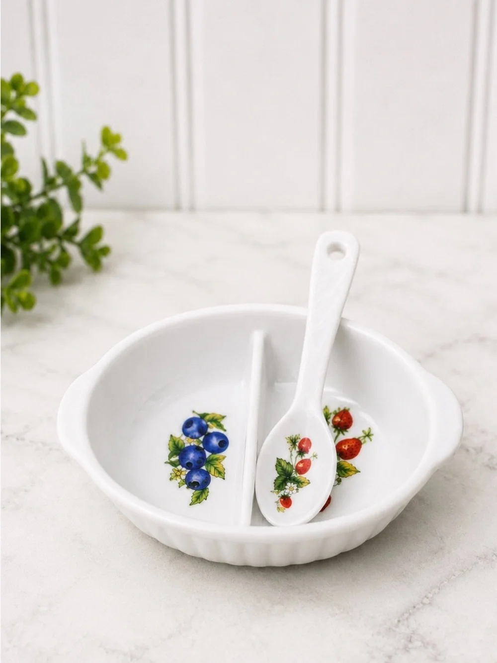 Vintage Made in Japan Porcelain Divided Berry Bowl & Spoon Hand Painted Fruit